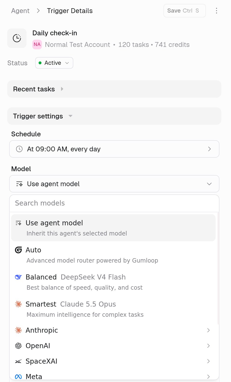 Trigger Details for the Daily check-in trigger, with Recent tasks collapsed and Trigger settings showing Schedule set to At 09:00 AM, every day, then the Model field set to Use agent model with its dropdown open: a Search models box, Use agent model (Inherit this agent's selected model), Auto (Advanced model router powered by Gumloop), Balanced (Best balance of speed, quality, and cost), Smartest (Maximum intelligence for complex tasks), and provider groups Anthropic, OpenAI, SpaceXAI, and Meta
