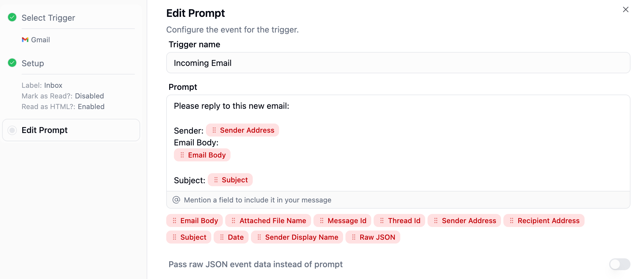 Prompt template editor showing trigger name and a prompt with template variables like Email Body, Attached File Name, and more
