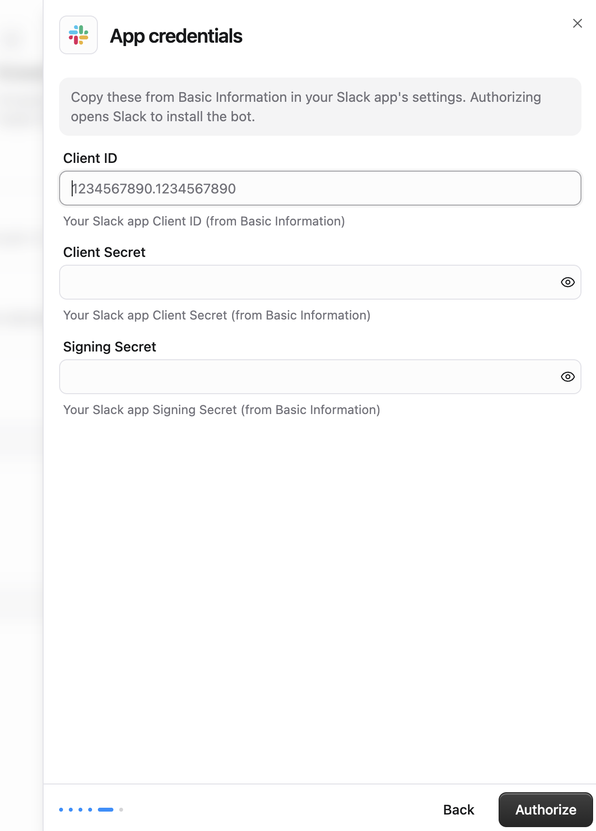 App credentials sheet with Client ID, Client Secret, Signing Secret, and Authorize