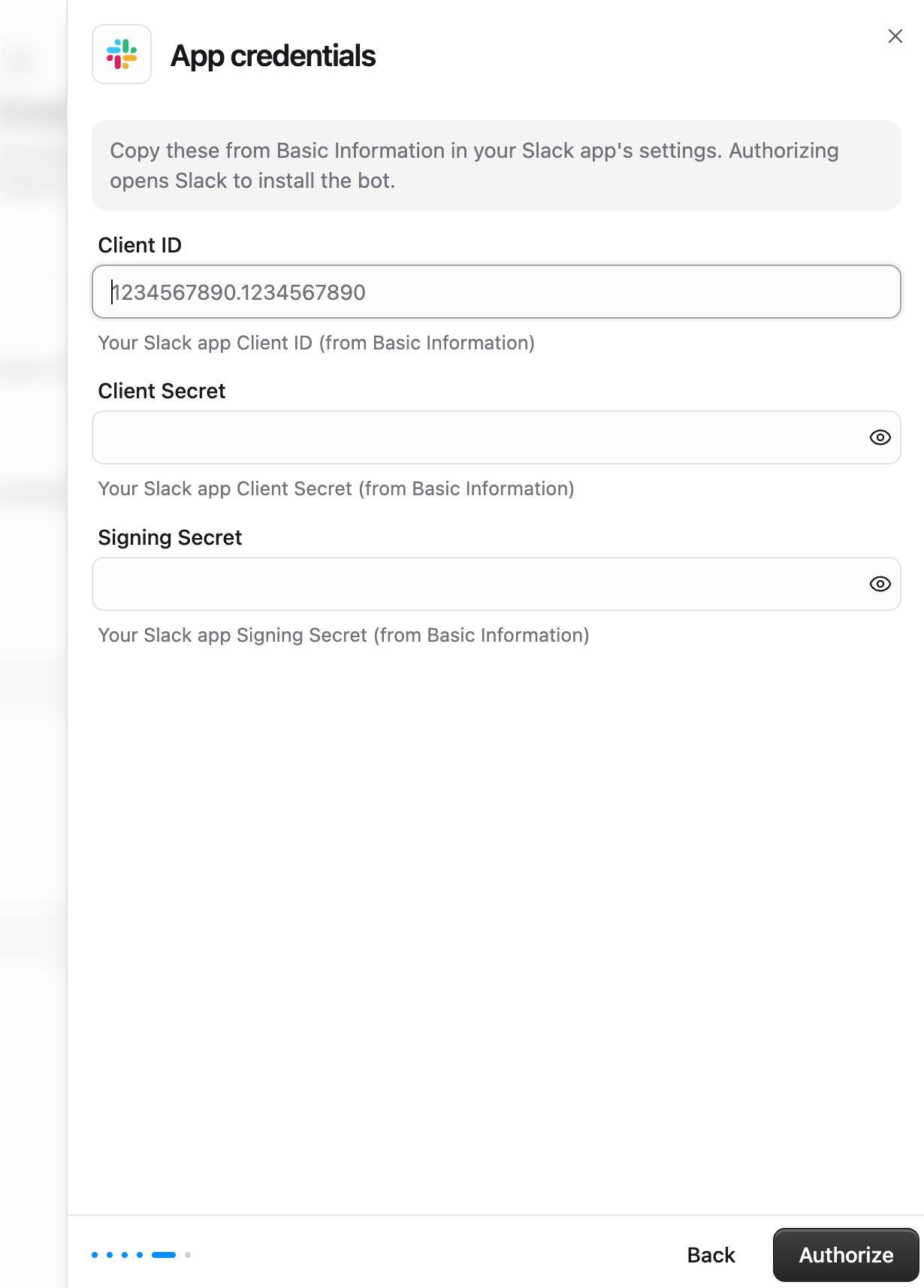 App credentials sheet with Client ID, Client Secret, Signing Secret, and Authorize