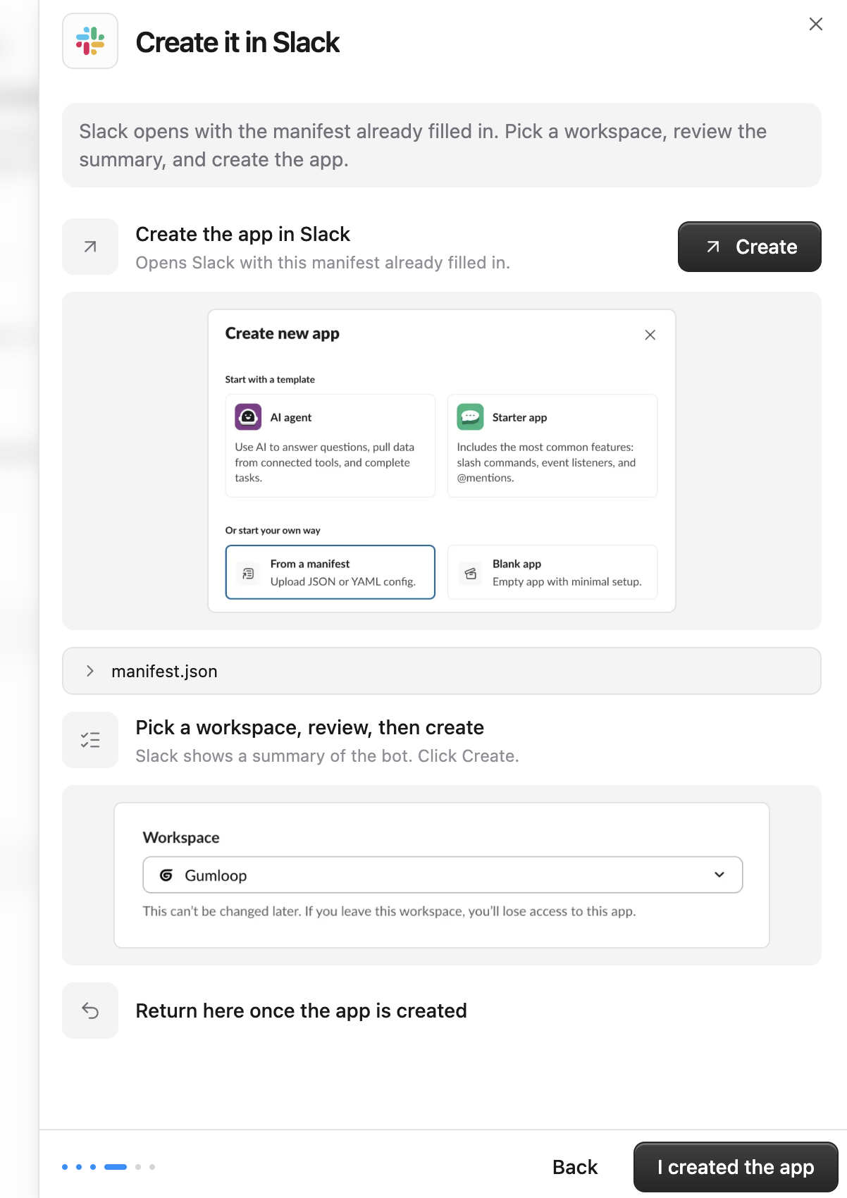 Create it in Slack sheet with Create button, manifest.json, and workspace picker