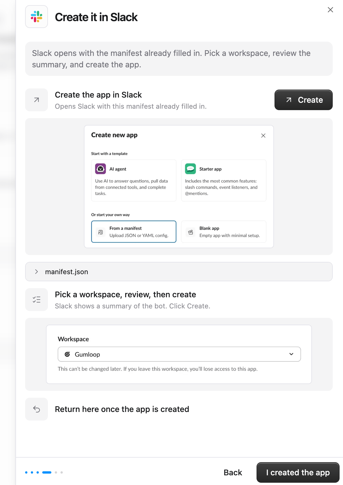 Create it in Slack sheet with Create button, manifest.json, and workspace picker