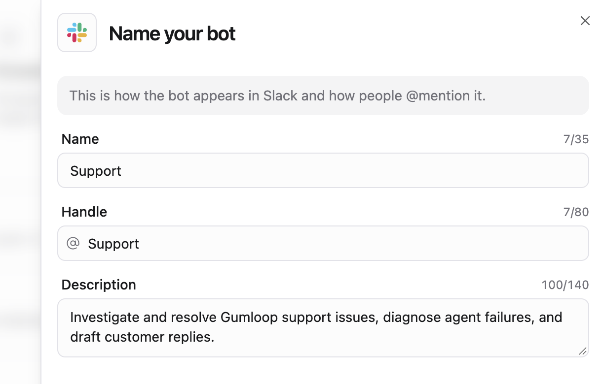 Name your bot sheet with Name, Handle, and Description fields