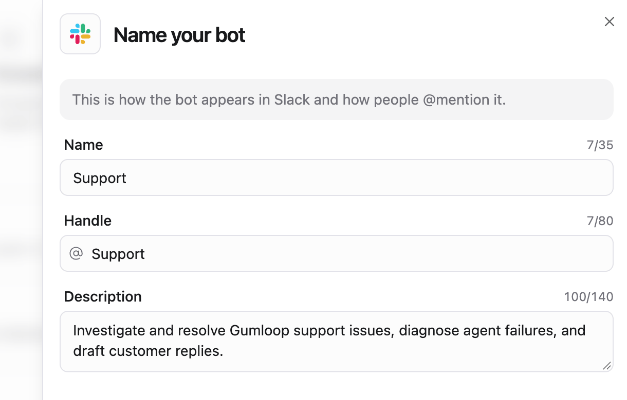 Name your bot sheet with Name, Handle, and Description fields