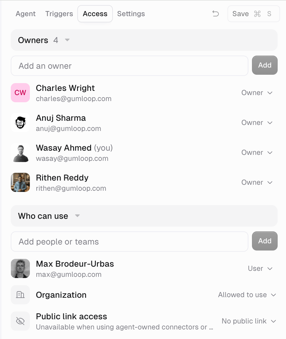 Agent Access tab with four Owners listed under Owners, a User under Who can use, Organization set to Allowed to use, and Public link access set to No public link