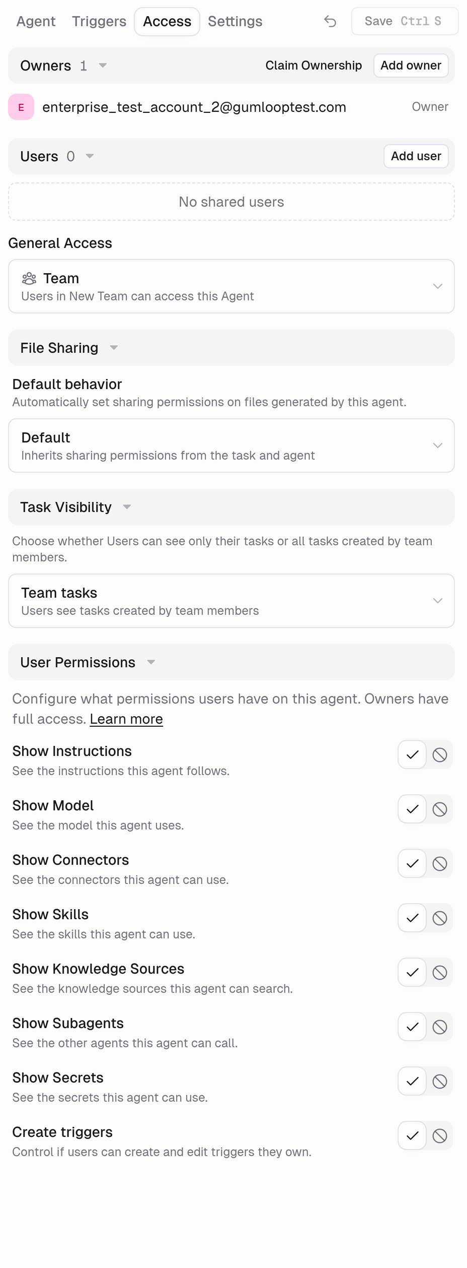 Access tab showing Owners, Users, General Access, File Sharing, Task Visibility, and User Permissions