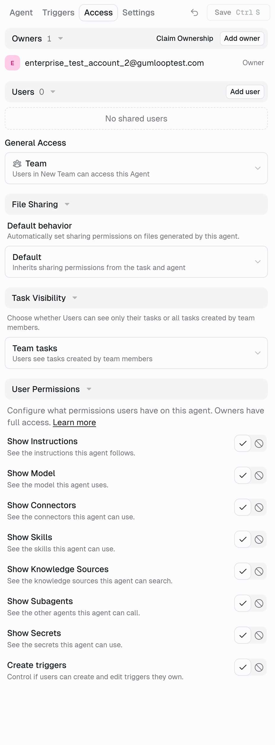 Access tab showing Owners, Users, General Access, File Sharing, Task Visibility, and User Permissions