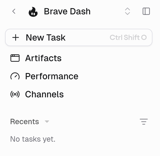 Agent sidebar with New Task, Artifacts, Performance, Channels, and a Recents list
