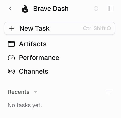Agent sidebar with New Task, Artifacts, Performance, Channels, and a Recents list