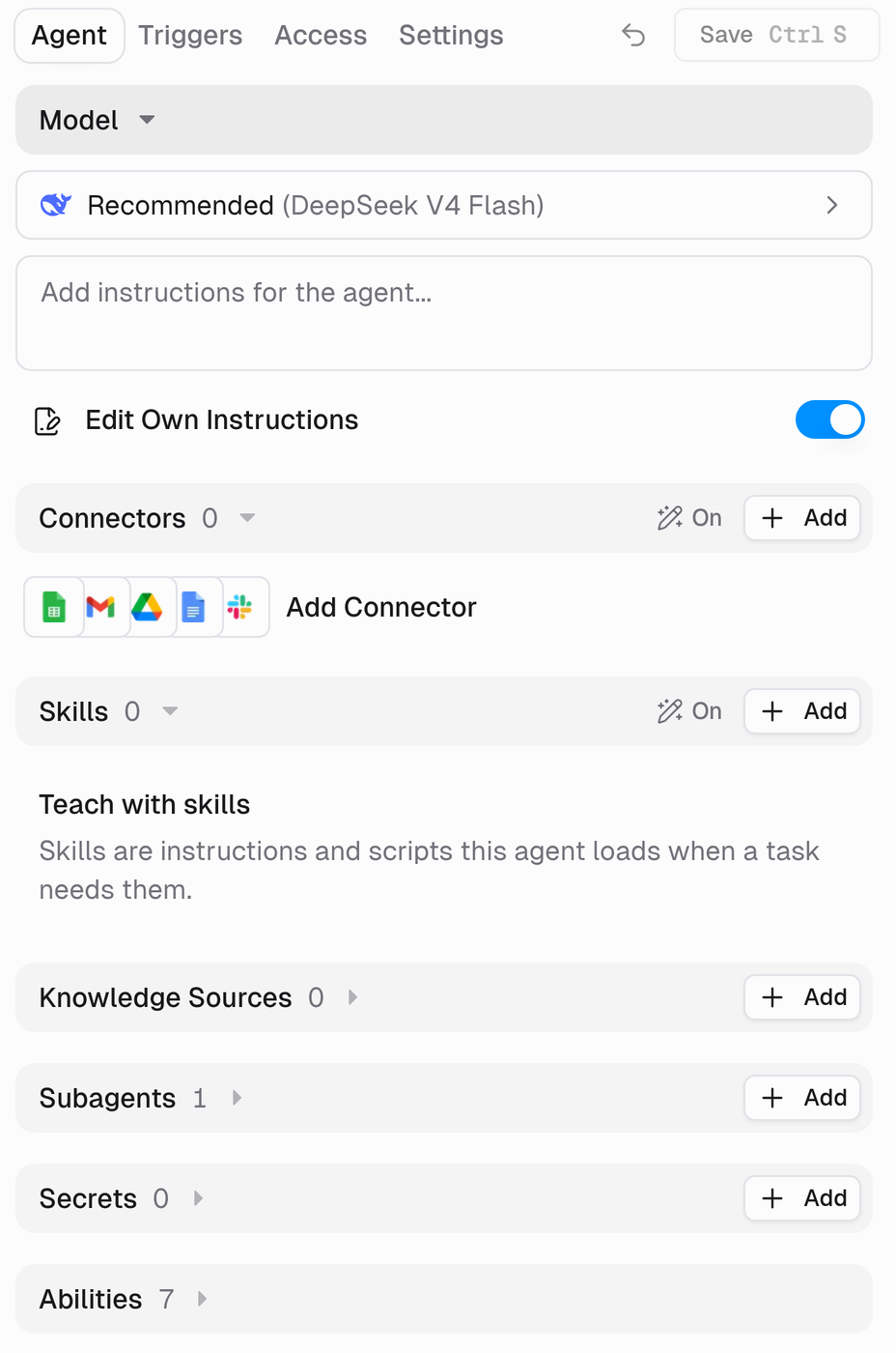 Agent tab showing Model, instructions, Edit Own Instructions, Connectors, Skills, Knowledge Sources, Subagents, Secrets, and Abilities
