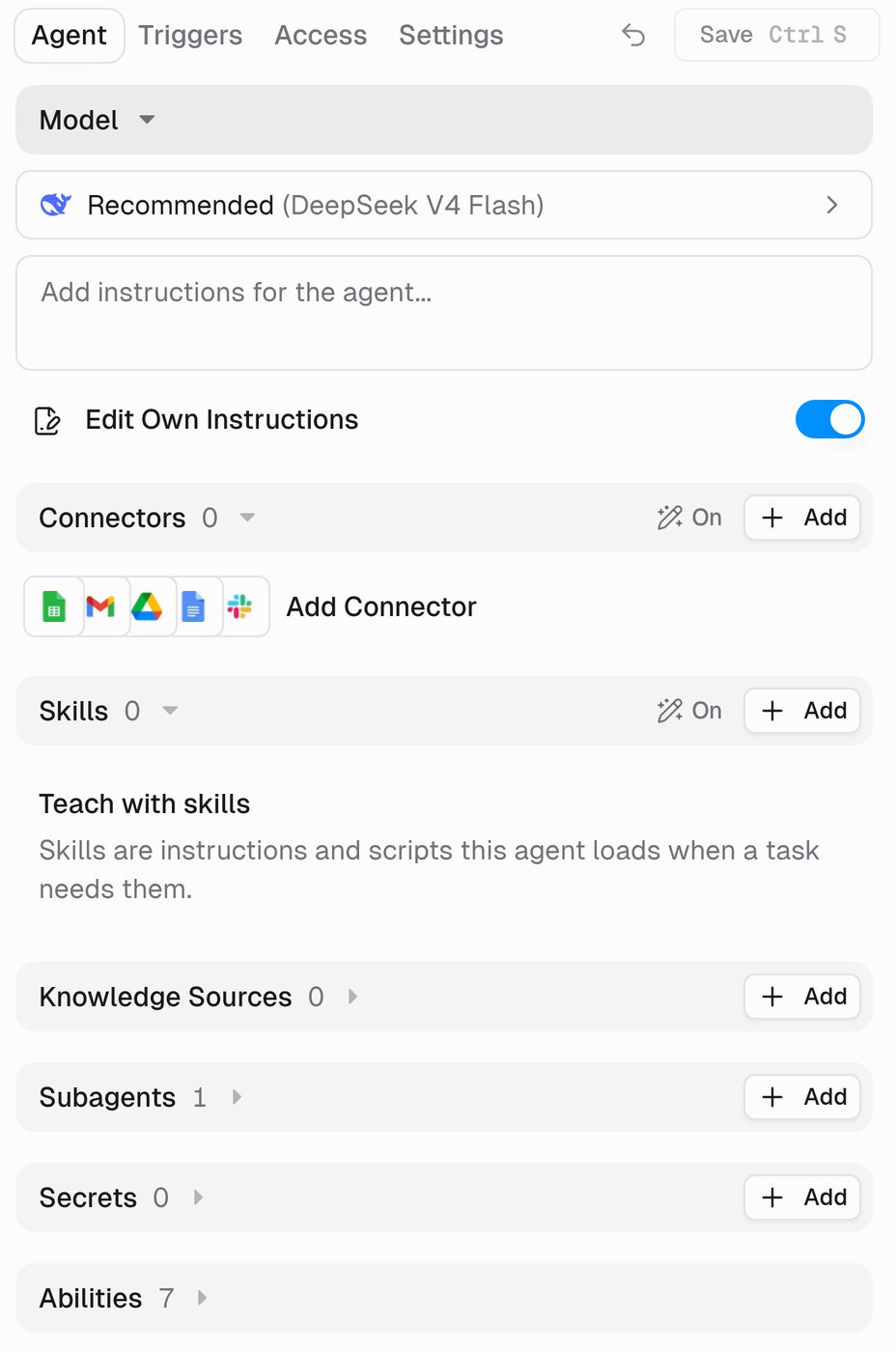 Agent tab showing Model, instructions, Edit Own Instructions, Connectors, Skills, Knowledge Sources, Subagents, Secrets, and Abilities
