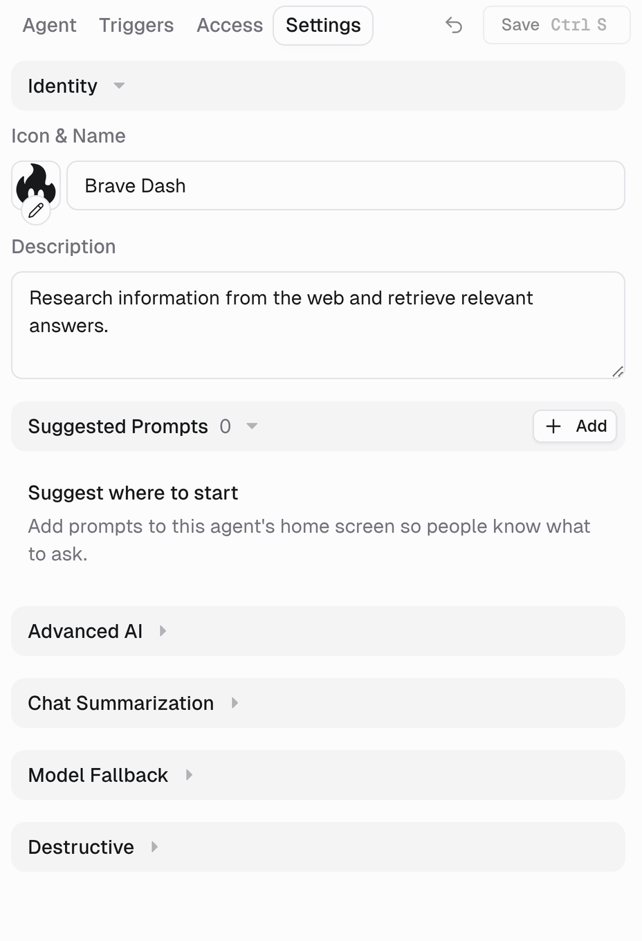 Settings tab showing Identity, Suggested Prompts, Advanced AI, Chat Summarization, Model Fallback, and Destructive