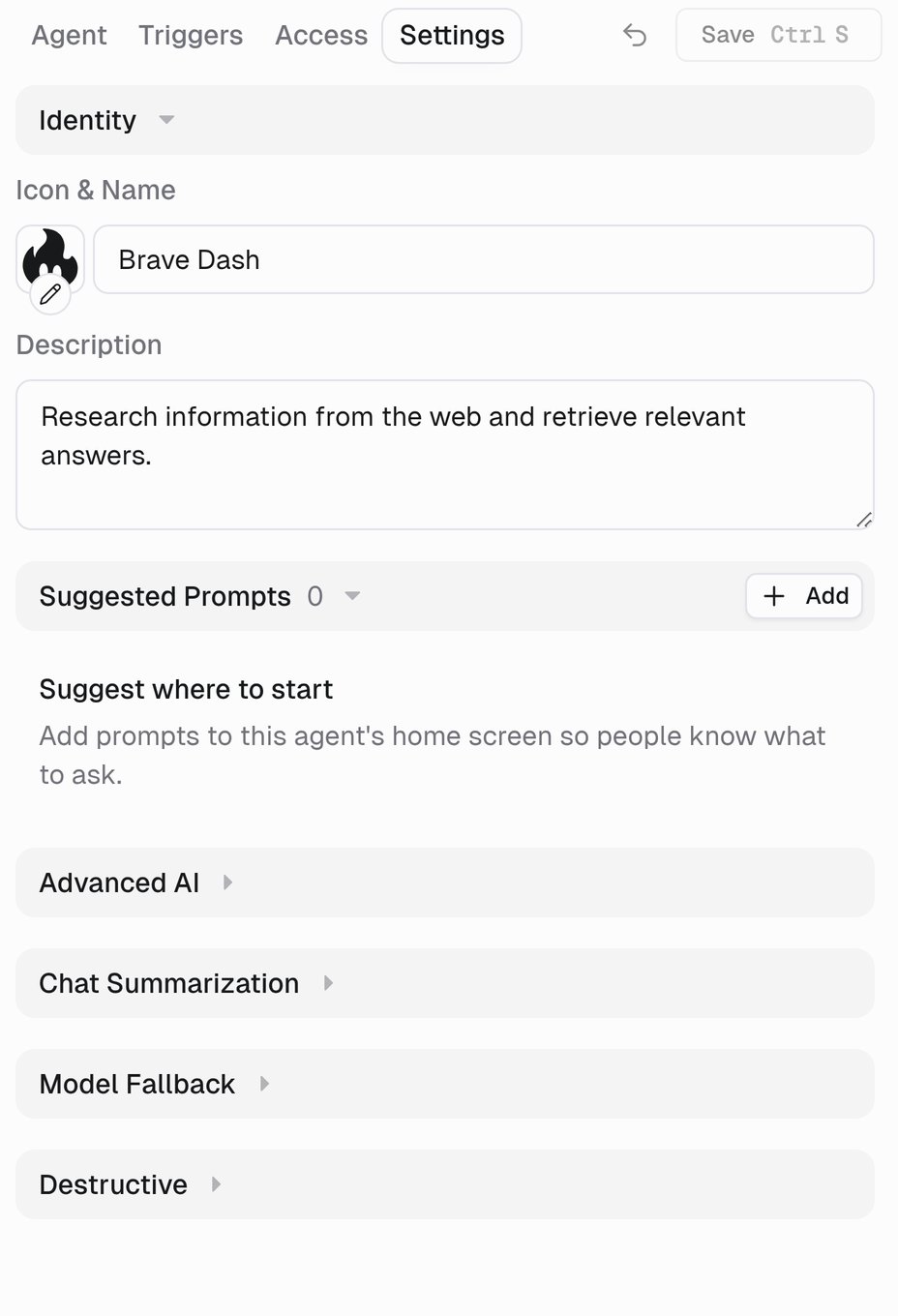 Settings tab showing Identity, Suggested Prompts, Advanced AI, Chat Summarization, Model Fallback, and Destructive
