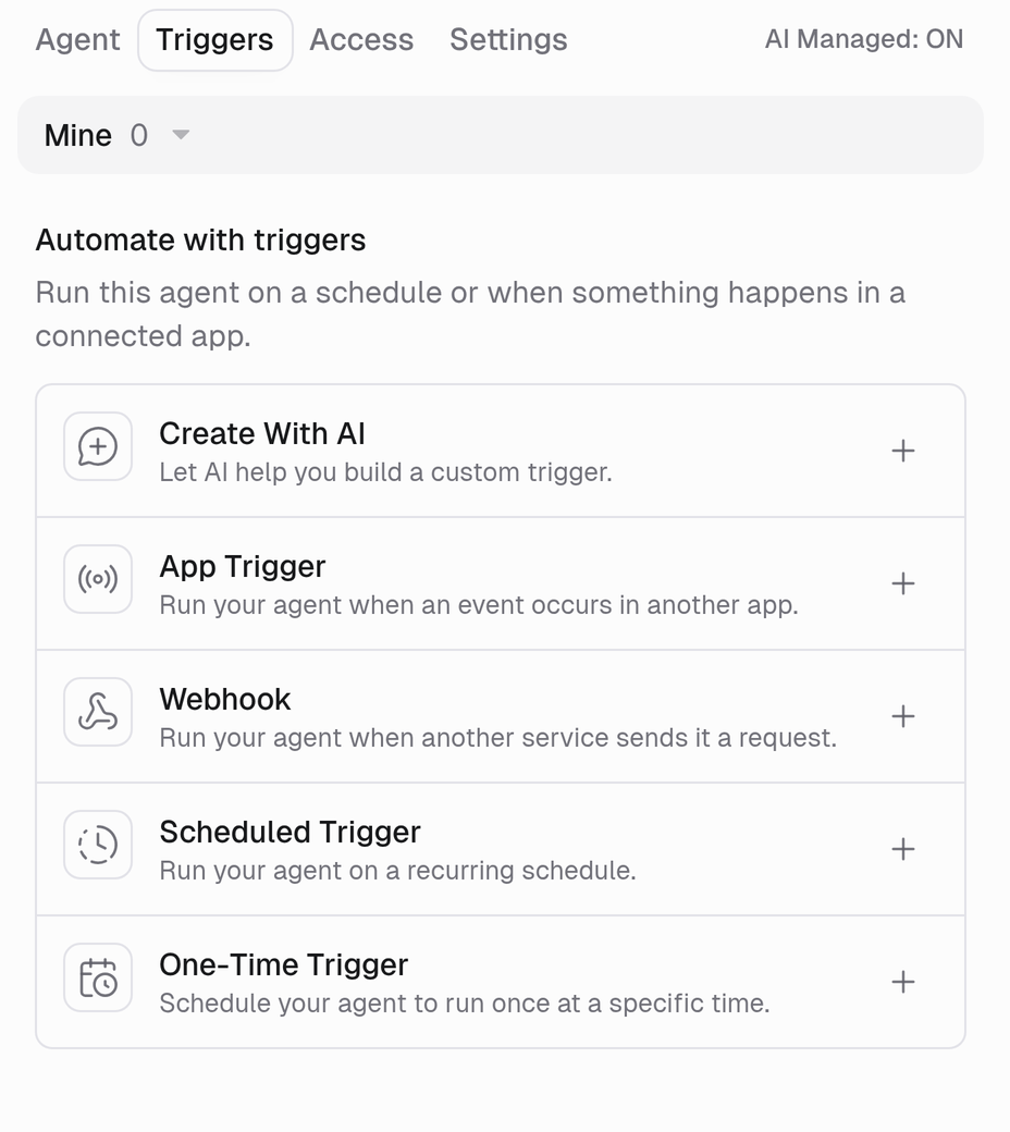 Triggers tab showing AI Managed, a Mine filter, and Create With AI, App Trigger, Webhook, Scheduled Trigger, and One-Time Trigger options