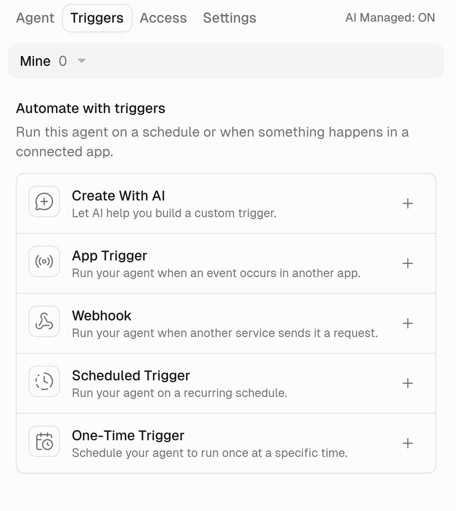 Triggers tab showing AI Managed, a Mine filter, and the five ways to add a trigger