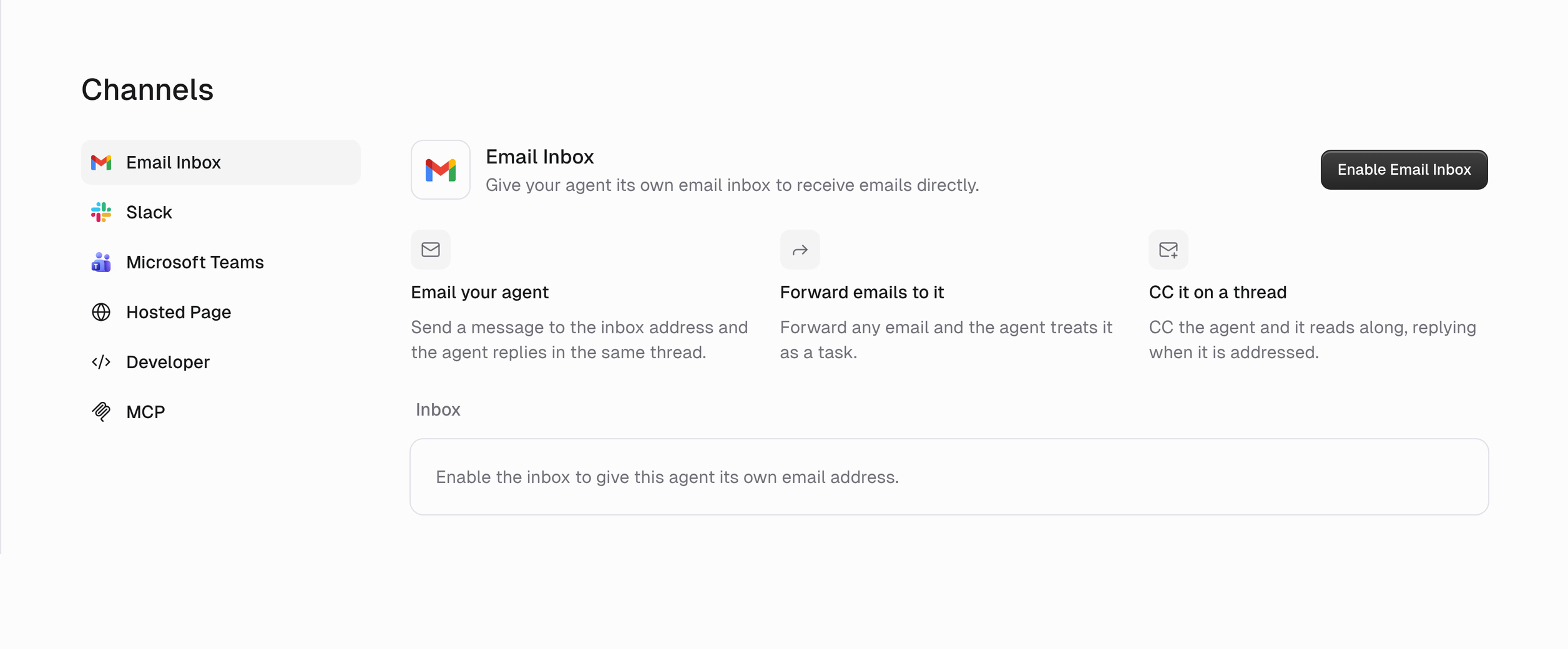 Channels page with Email Inbox, Slack, Microsoft Teams, Hosted Page, Developer, and MCP in a sidebar