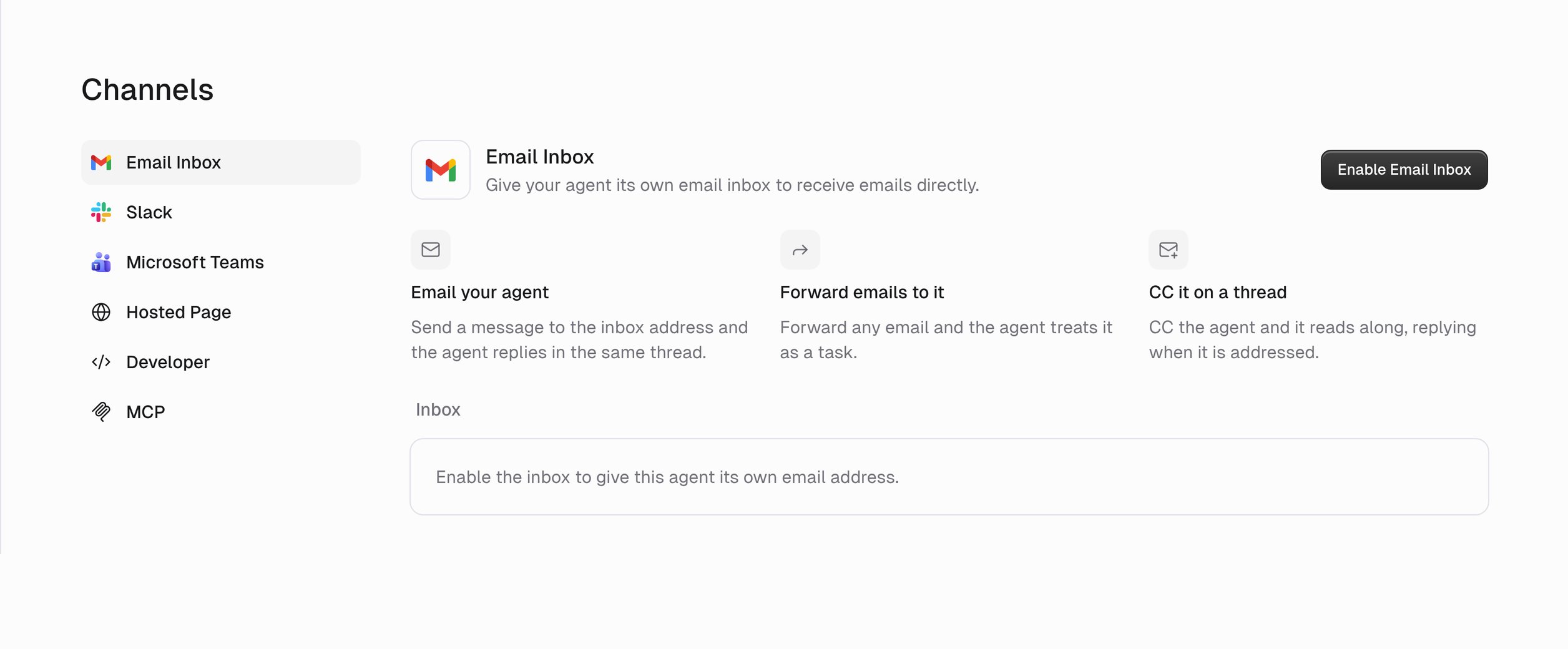 Channels page with Email Inbox, Slack, Microsoft Teams, Hosted Page, Developer, and MCP in a sidebar