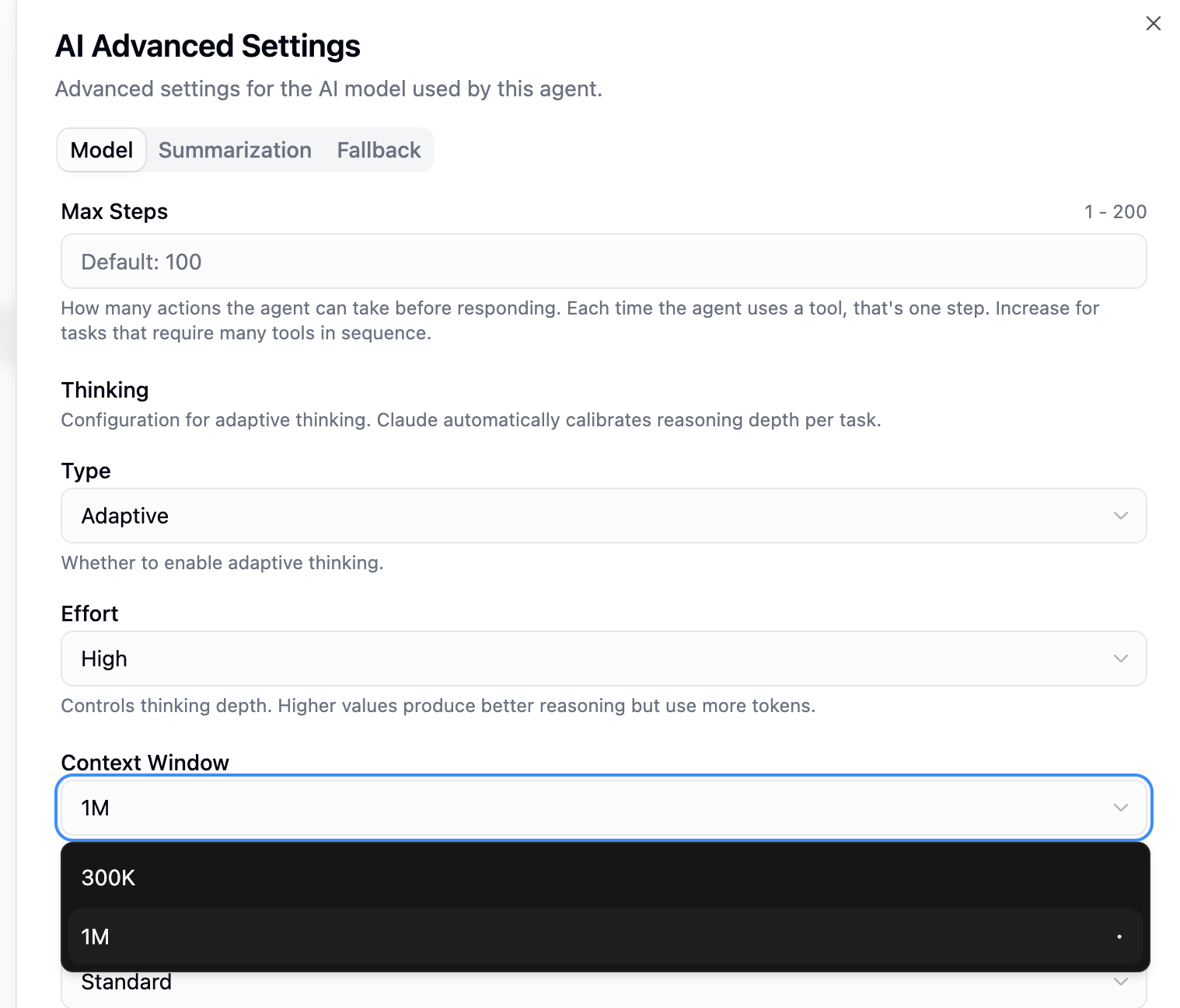 The Model tab of AI Advanced Settings with the Context Window dropdown open, showing 300K and 1M options