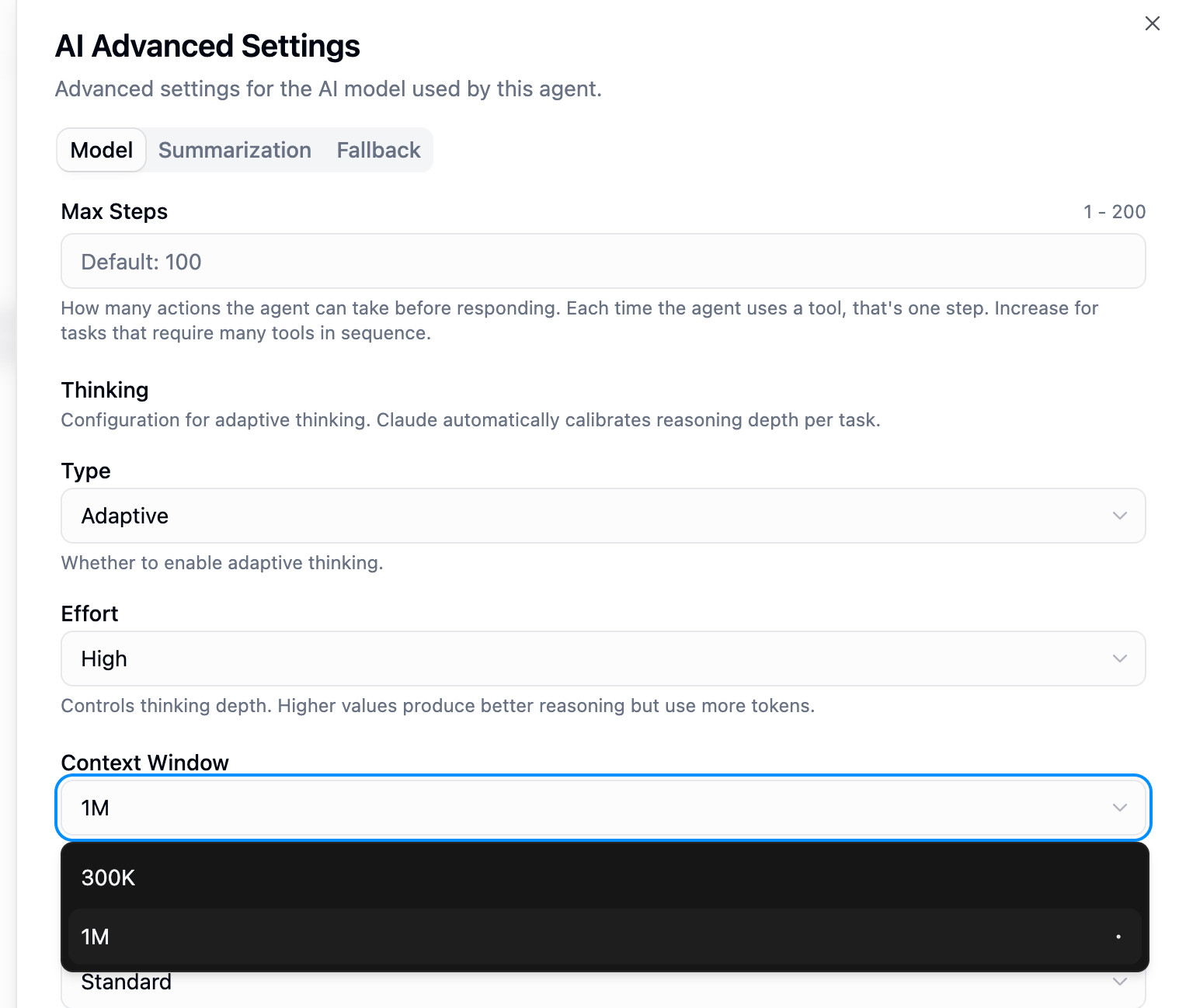 The Model tab of AI Advanced Settings with the Context Window dropdown open, showing 300K and 1M options