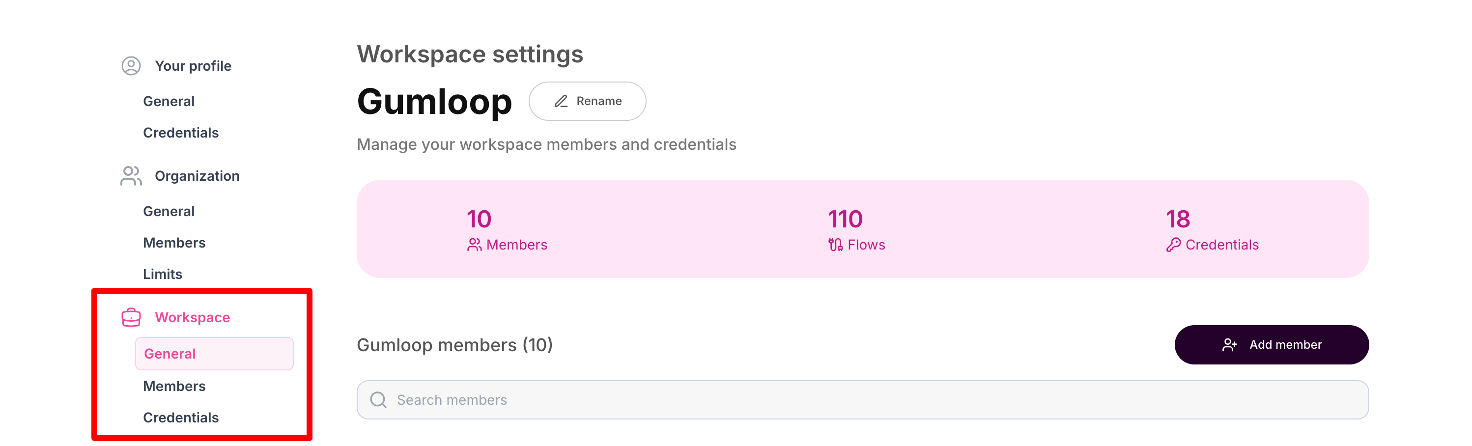 Shared workspace settings showing members, flows, and credentials