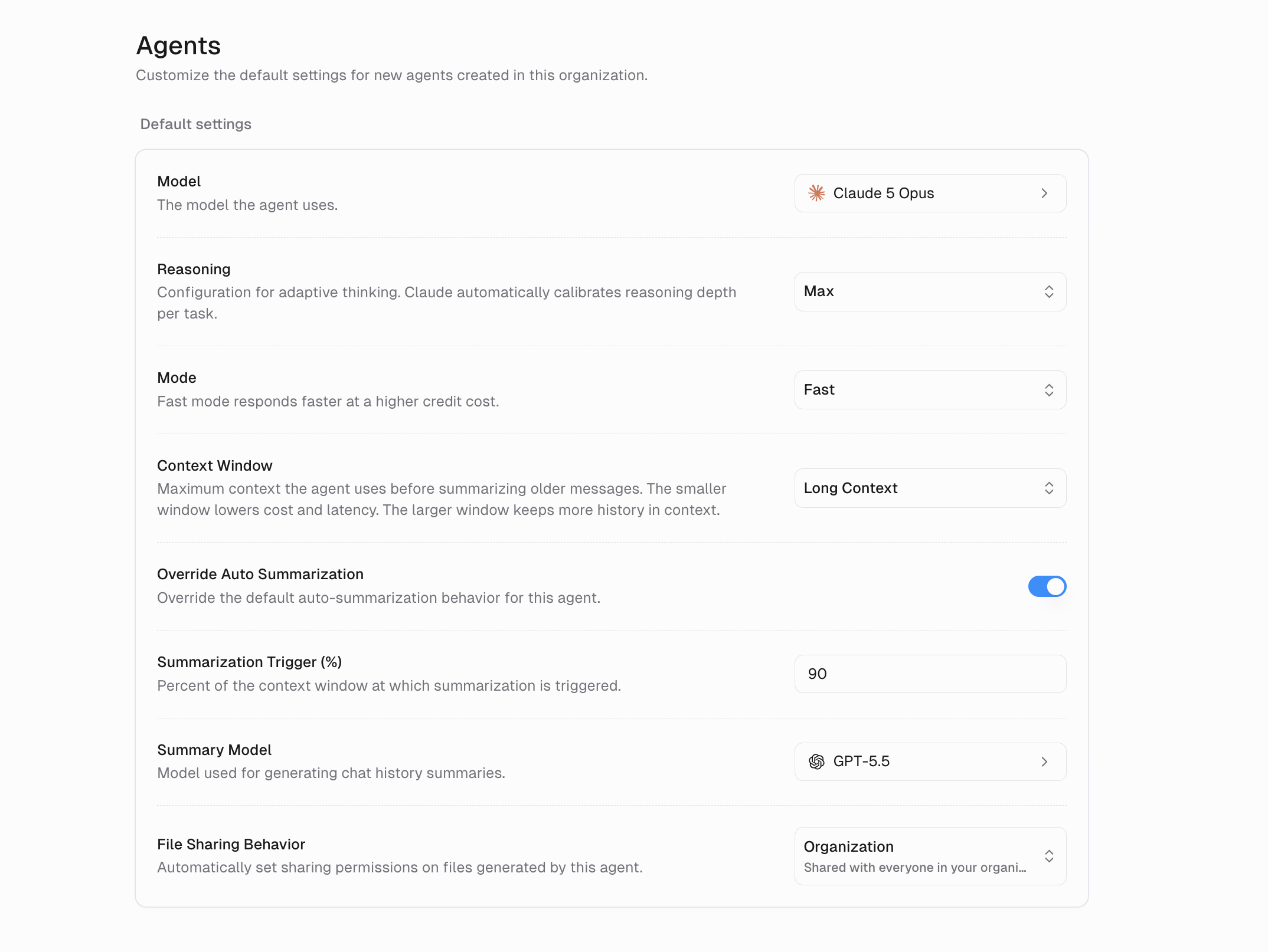 Organization Agents settings page showing default settings for new agents