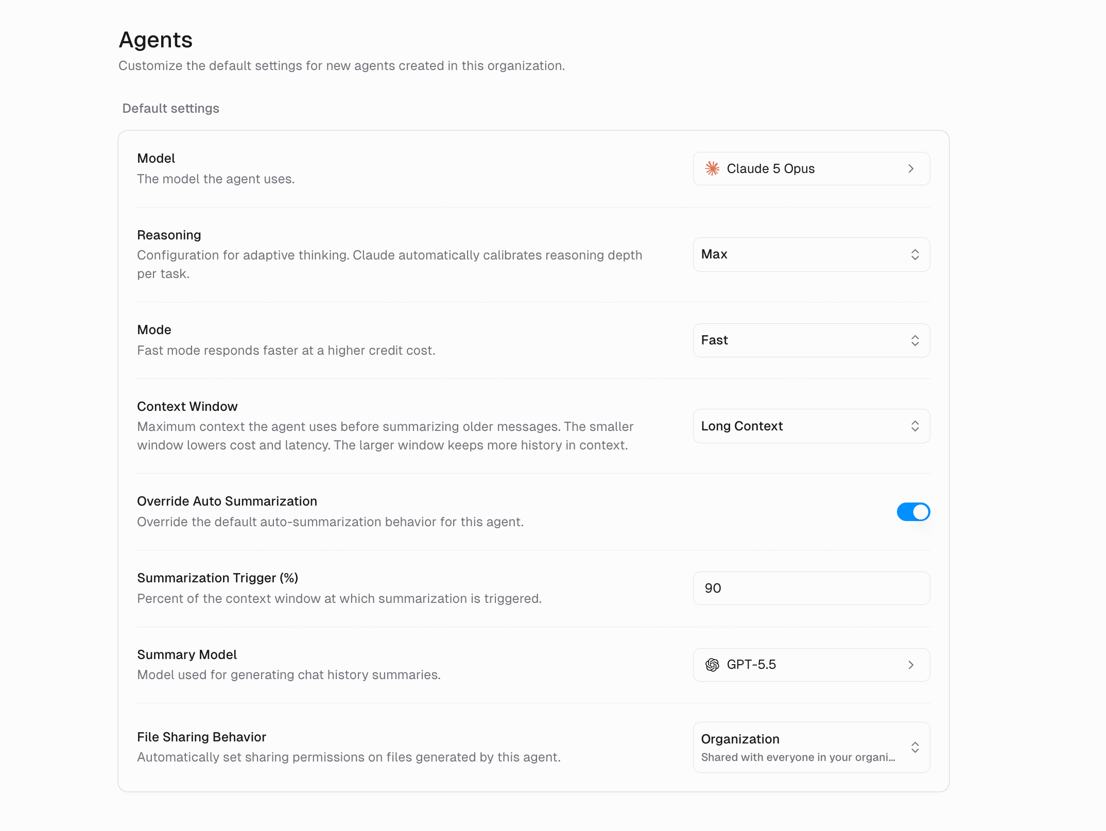 Organization Agents settings page showing default settings for new agents