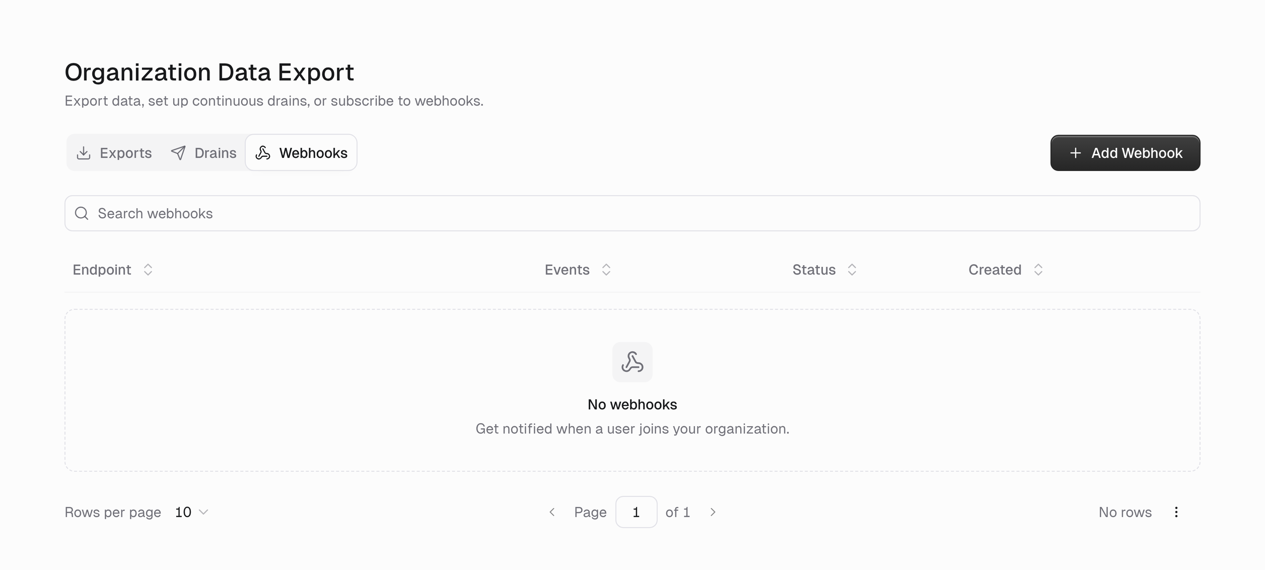Webhooks tab on the Data Export page listing endpoint, events, status, and created columns