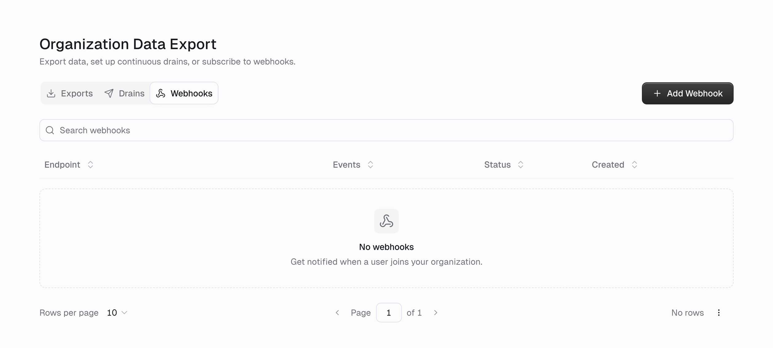 Webhooks tab on the Data Export page listing endpoint, events, status, and created columns