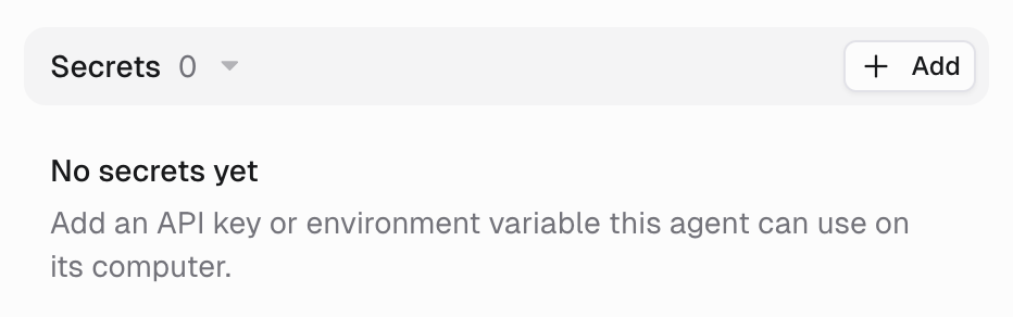 Secrets section showing No secrets yet and an Add button