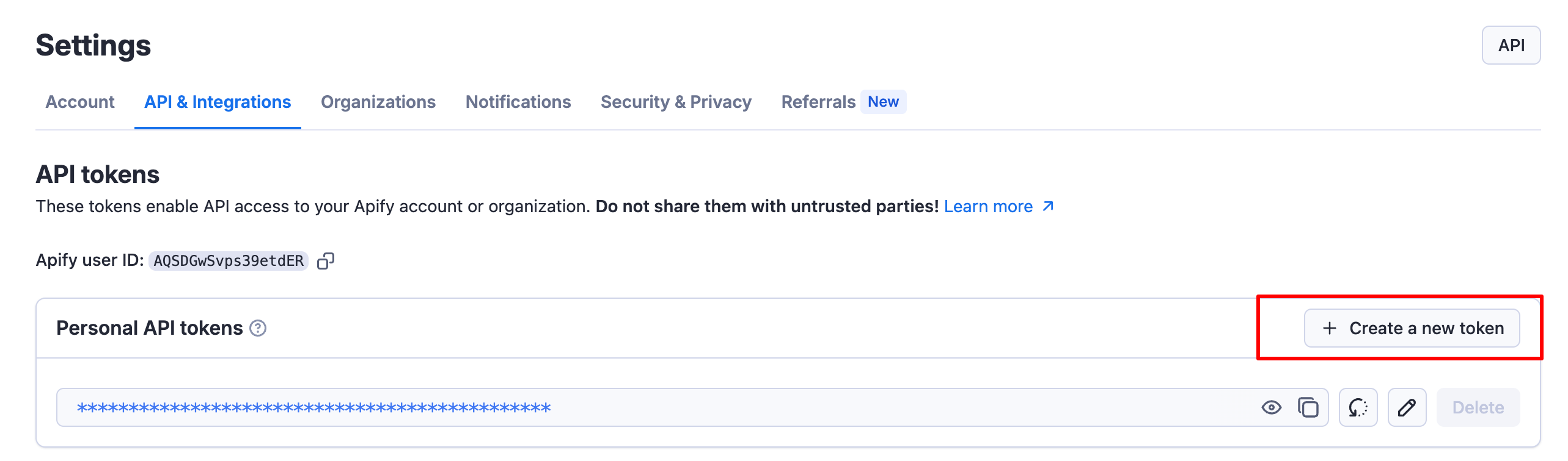 Generate Apify API token interface