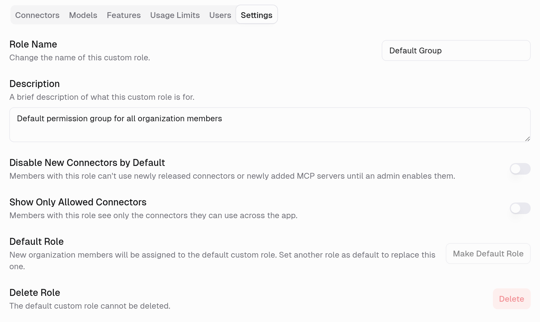 Custom-role Settings tab with Disable New Connectors by Default and Show Only Allowed Connectors switches, role name, description, and default-role controls