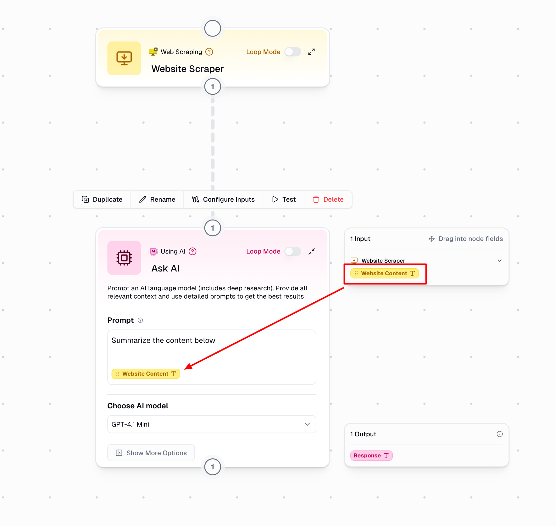 Ask AI node example showing connected data