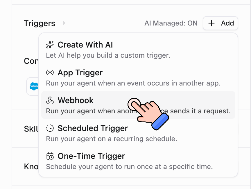 Trigger menu showing Create With AI, App Trigger, Webhook, Scheduled Trigger, and One-Time Trigger options