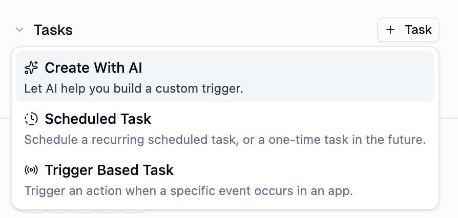 Task type selector showing Create With AI, Scheduled Task, and Trigger Based Task options