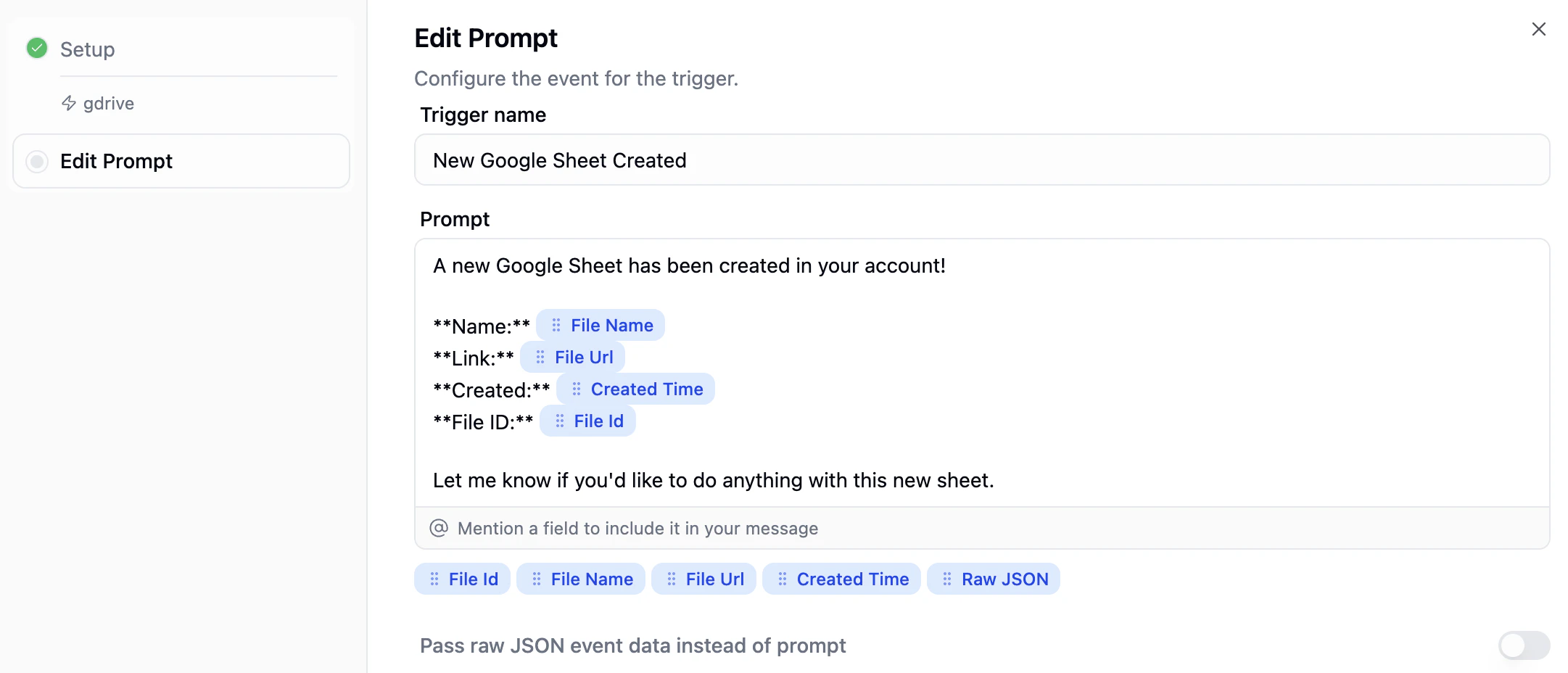 Trigger prompt template editor showing field chips and the prompt text area