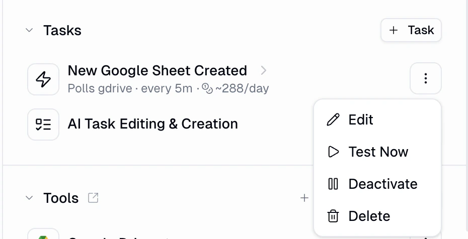 Trigger management menu showing Edit, Test Now, Deactivate, and Delete options