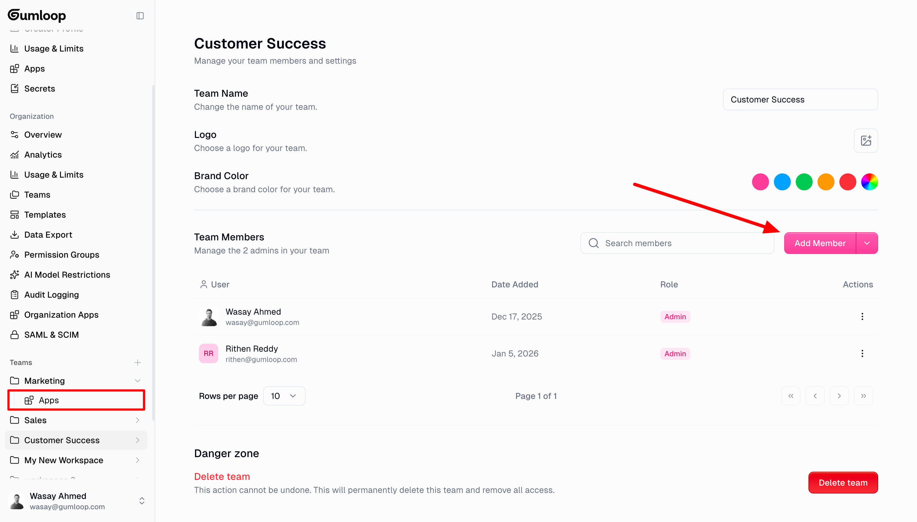 Team settings page showing members and Add Member button