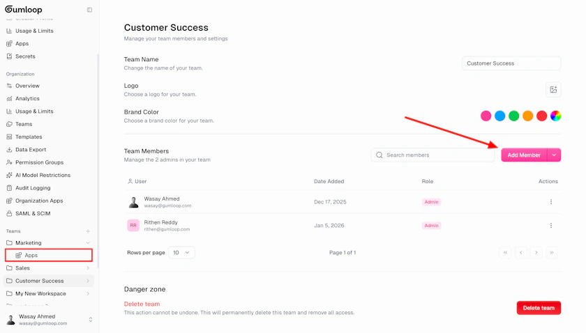 Add Member button in team settings