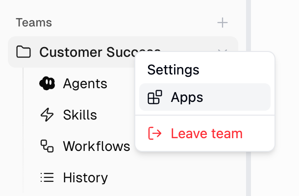 Right-click a team to see Settings, Apps, and Leave team options