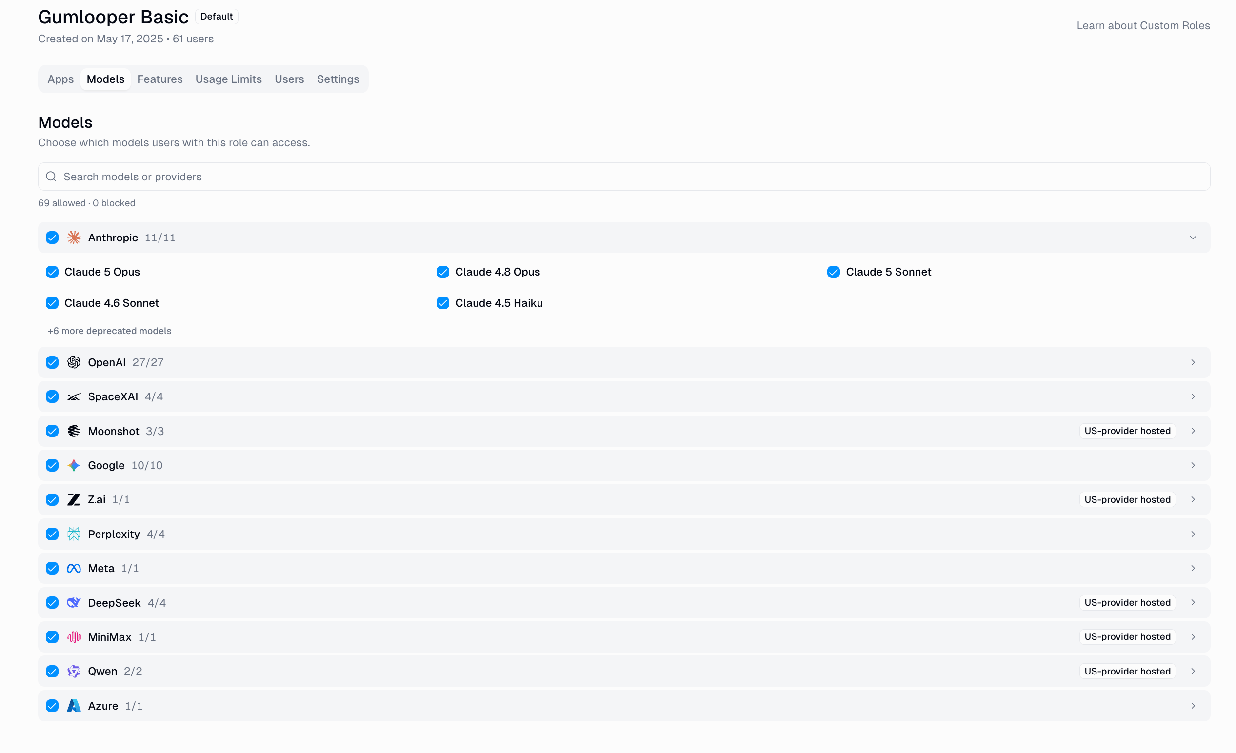 Models tab showing an allow-list of AI models grouped by provider, with per-provider allowed counts, a search bar, and US-provider hosted badges