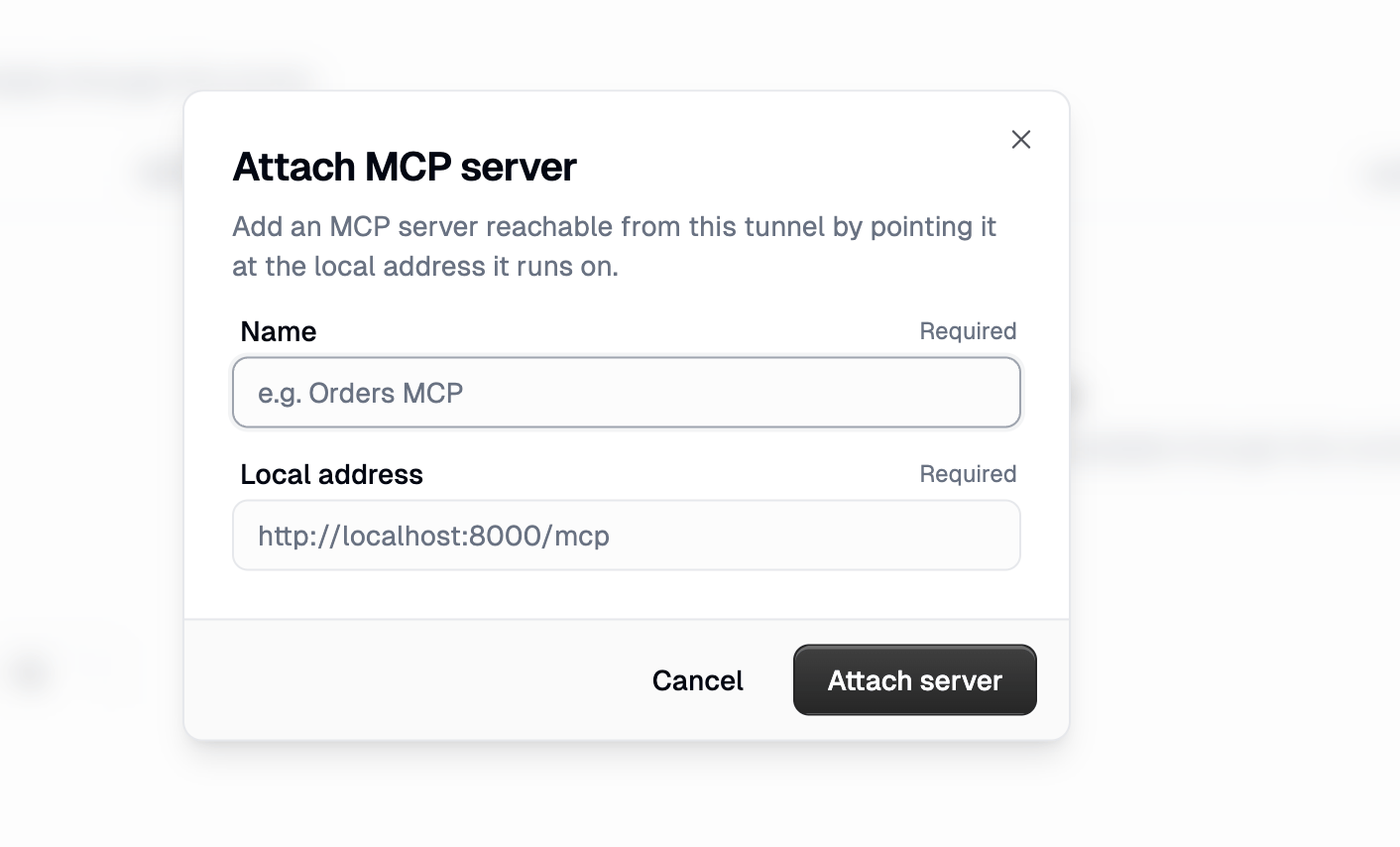 Attach MCP server dialog with Name and Local address fields