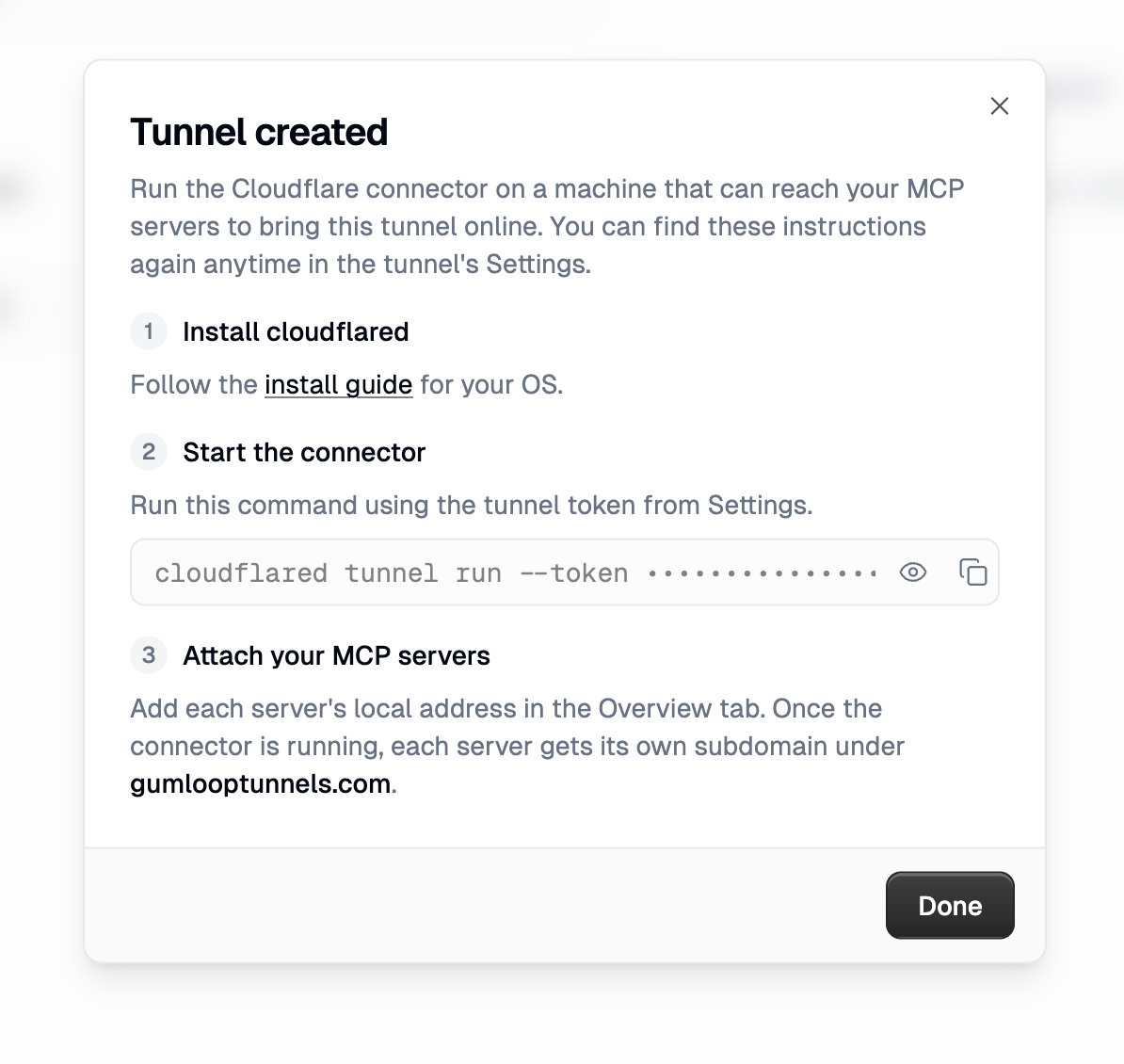 Tunnel created dialog with three steps: install cloudflared, start the connector, attach your MCP servers