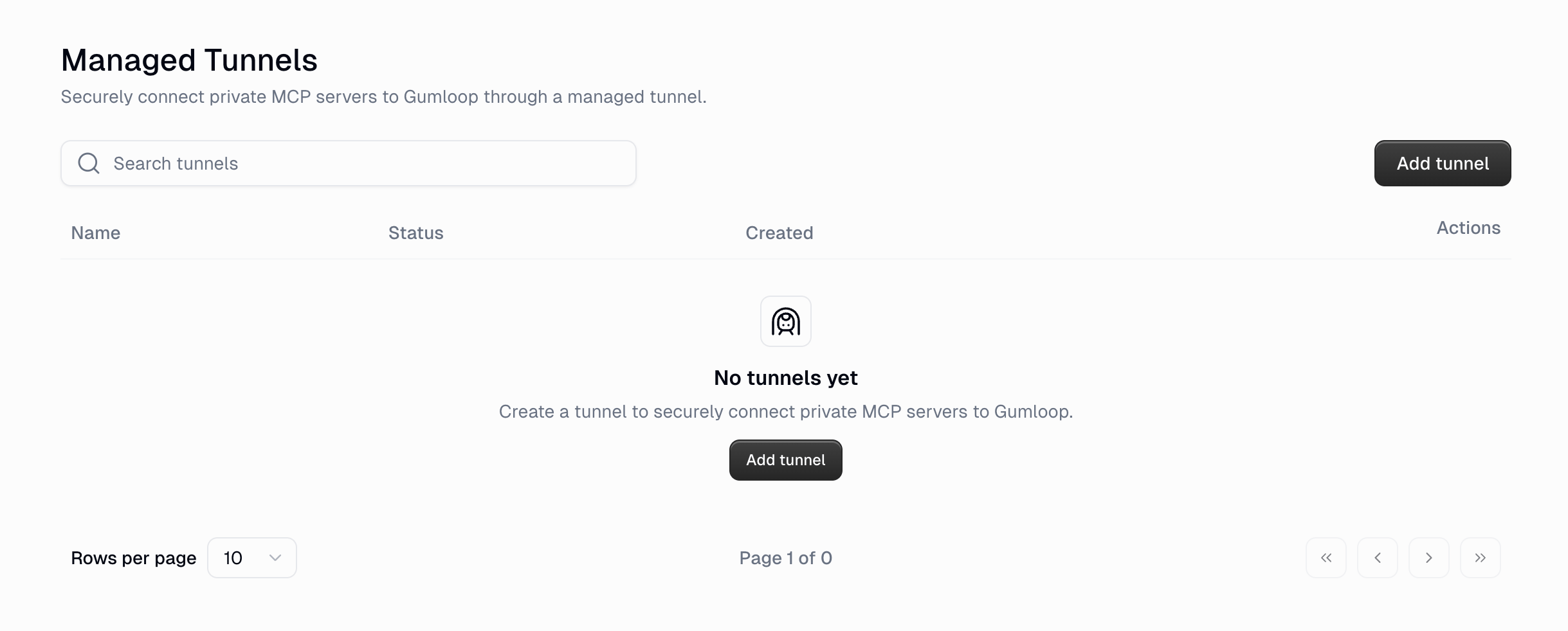 Managed Tunnels page under Settings → Organization showing the tunnel table and Add tunnel button