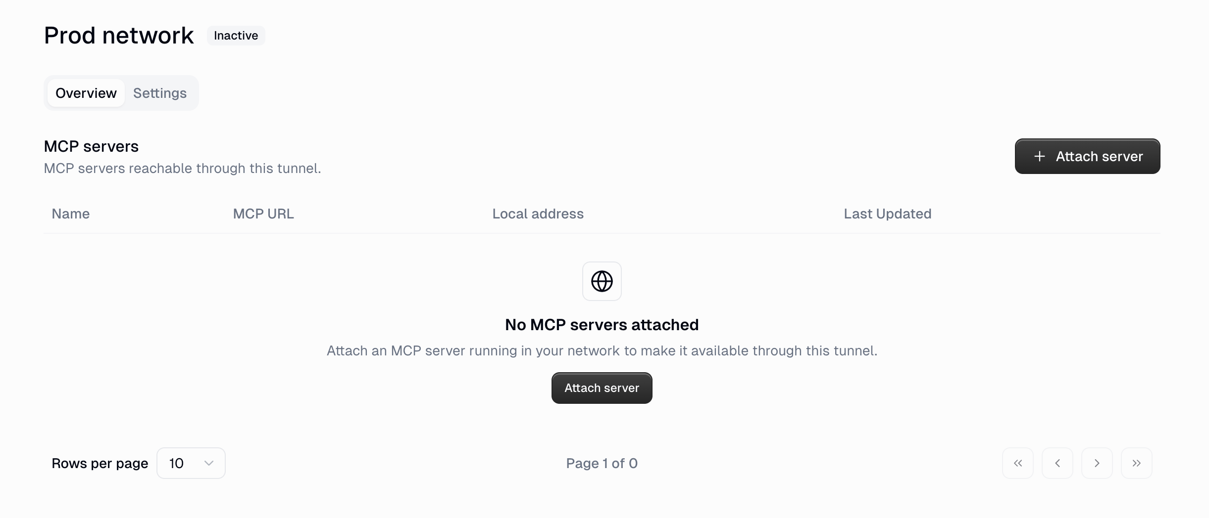 Tunnel detail page Overview tab with no MCP servers attached yet