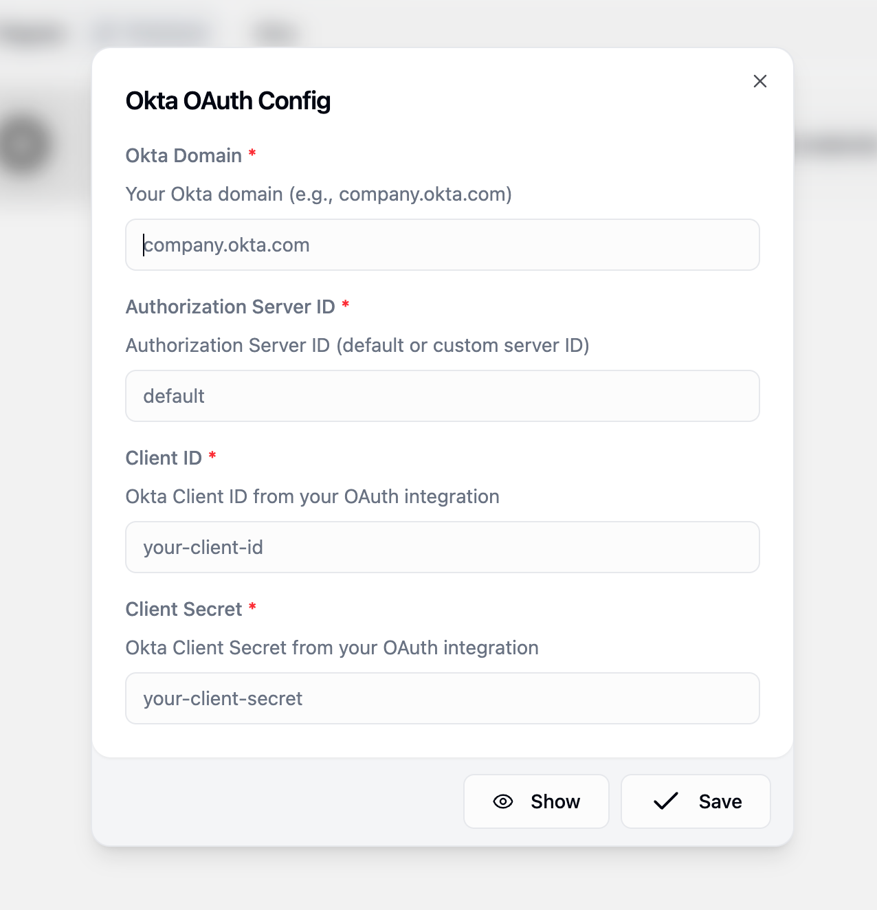 Gumloop Okta OAuth configuration form showing the four required fields