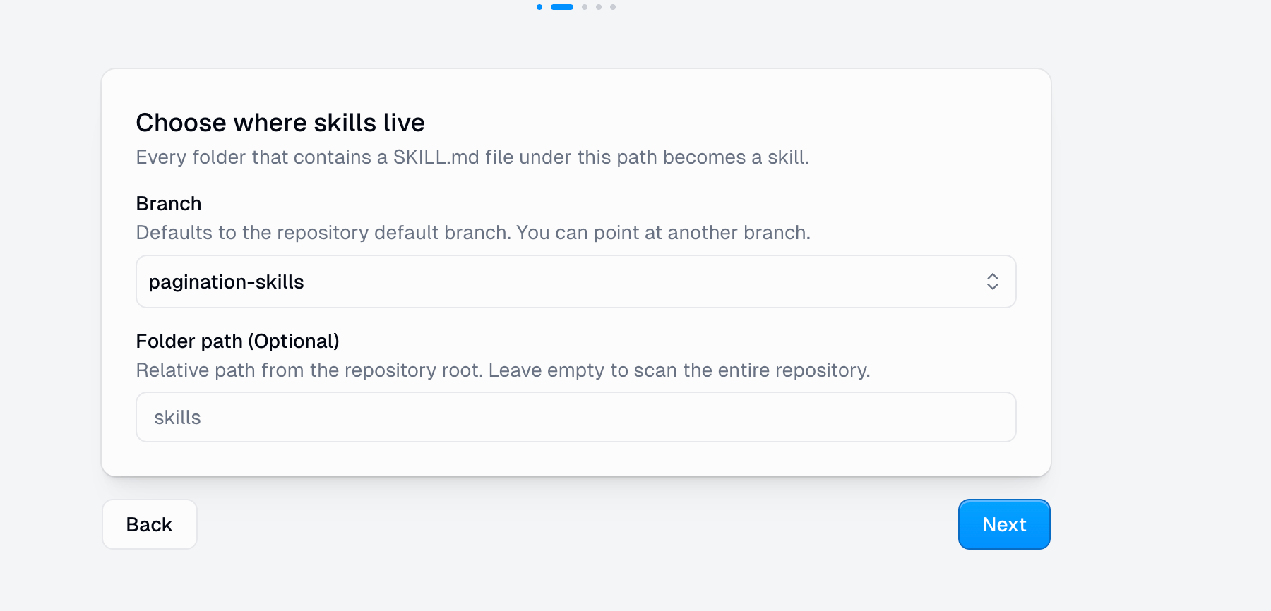 Connect wizard step 2: selecting a branch and optional folder path
