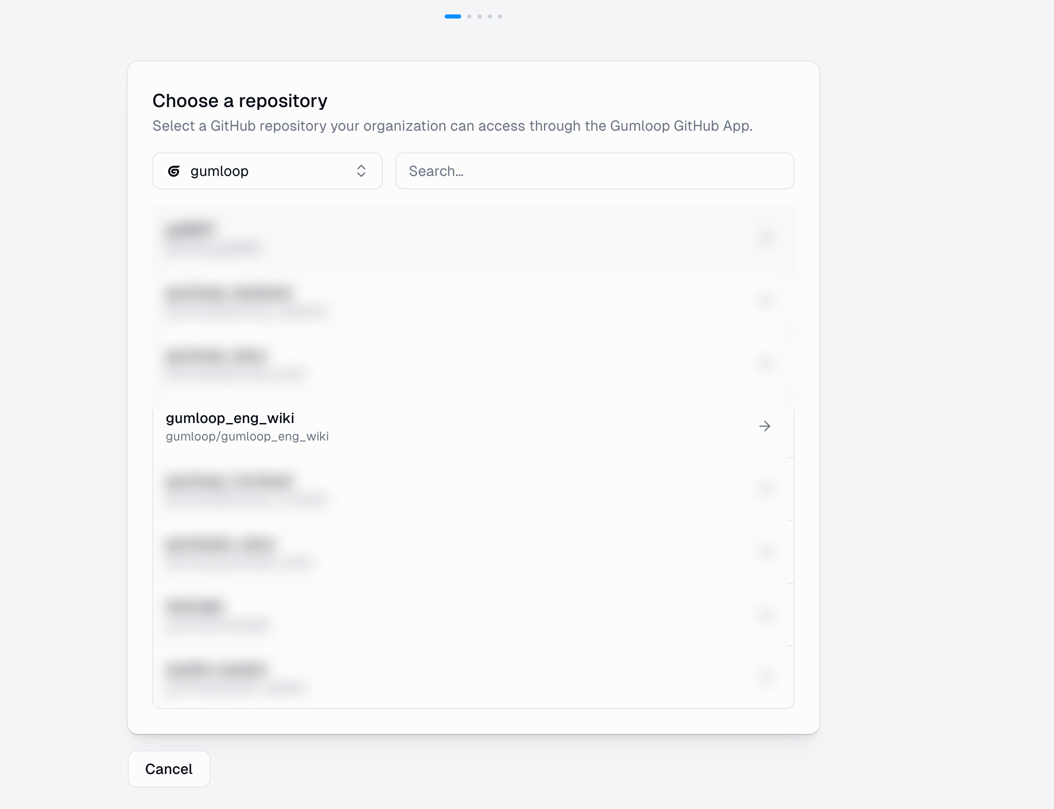 Connect wizard step 1: choosing a GitHub repository from the owner dropdown