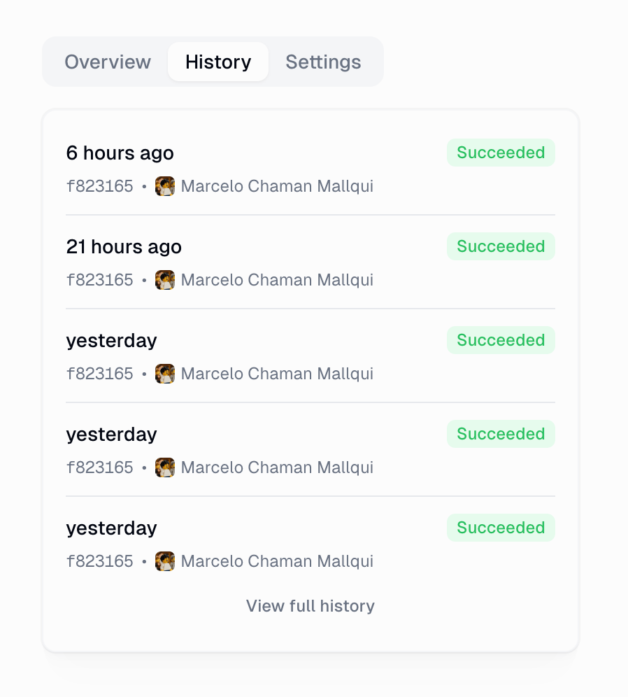 Source History tab listing recent sync runs marked Succeeded with commit and actor