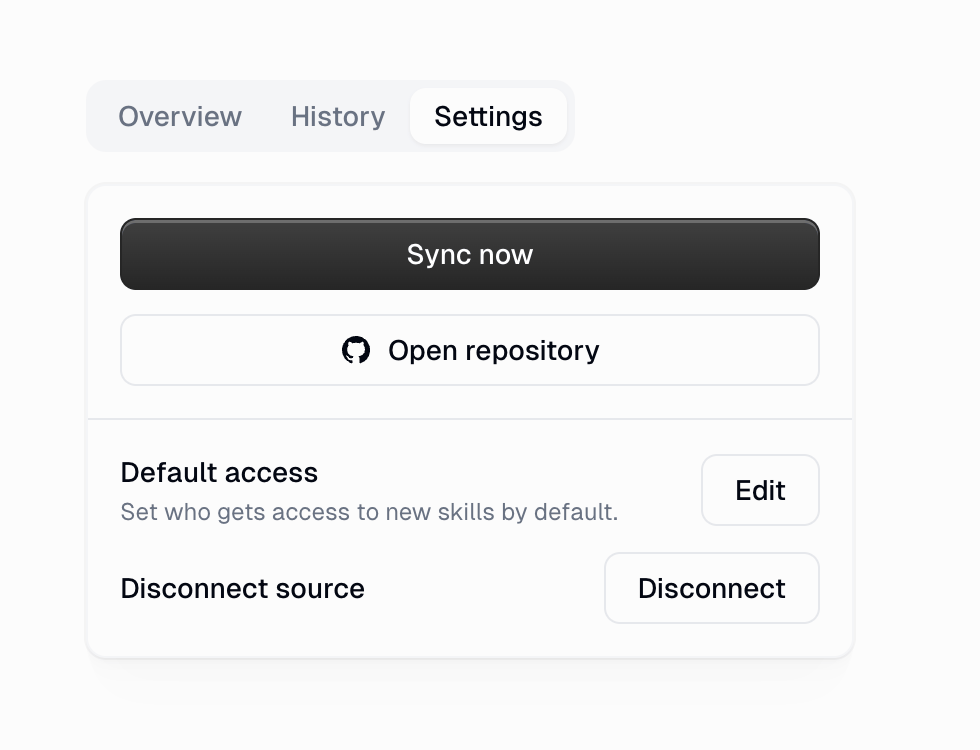 Source Settings tab with Sync now, Open repository, Default access, and Disconnect actions