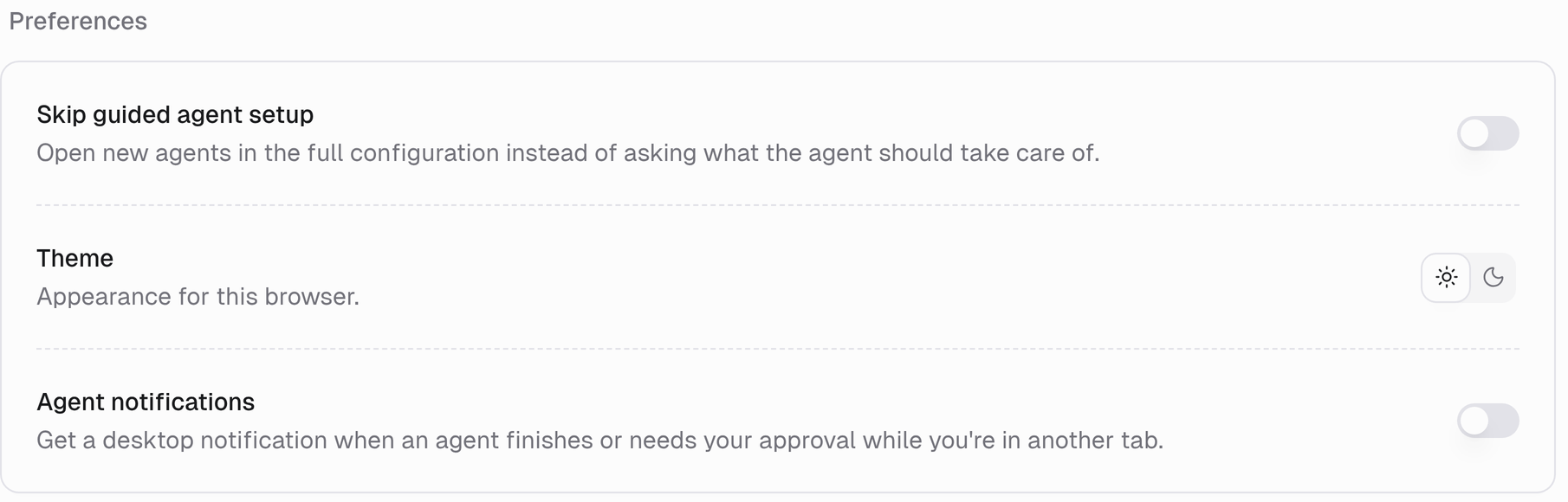 Preferences with Skip guided agent setup, Theme, and Agent notifications
